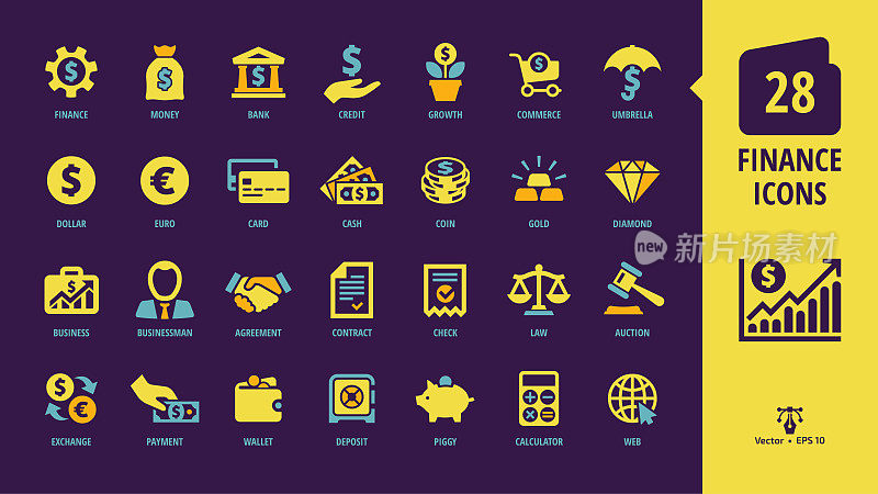 Vector business and finance yellow glyph icon on a dark violet background set with money, bank, piggy, credit, exchange, deposit, dollar, euro, coin, card, handshake and more isolated silhouette sign.